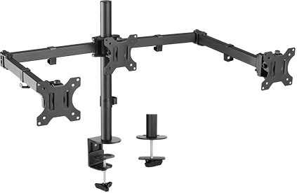 Brateck 13"-27" Triple Monitor Economy Desk Mount Bracket. Detachable Vesa Plate, Max 7KGS Per Arm. Rotate, Tilt & Swivel. Desk & Grommet Options Included. Vesa 75X75 & 100X100. Matte Black
