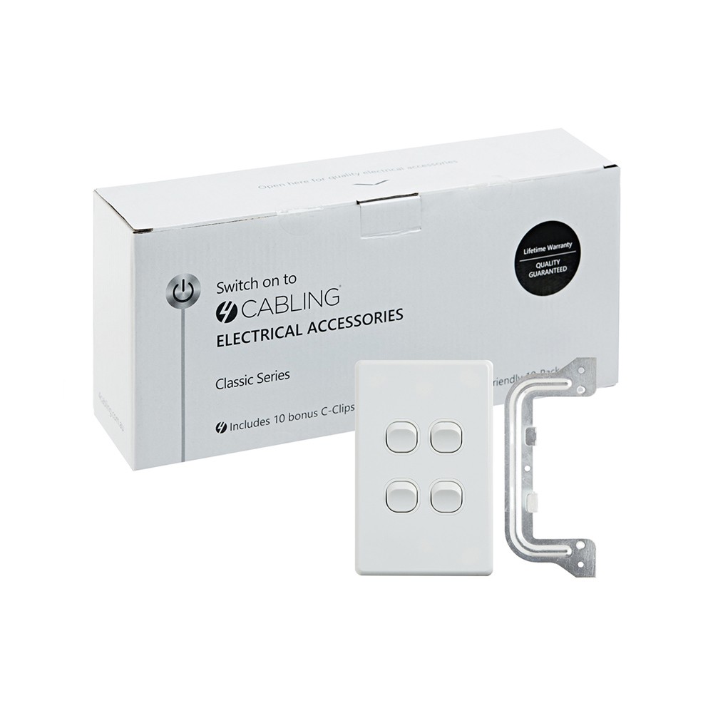 4Cabling 4C | Classic 4 Gang Switch 250V 16Ax - Vertical - 10 Pack With 10 Free C-Clips