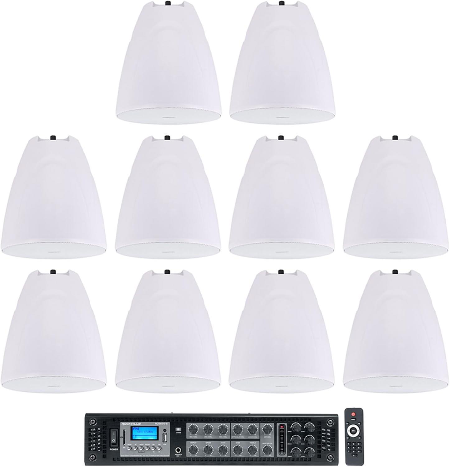 Rockville Bundle: (10) PEN-80T White 8" 70V 40W Hanging Pendant Speaker Bundle with RCS650-6 650 Watt 6 Zone 70v Amplifier/Bluetooth for Commercial/Restaurant use (11 Items)