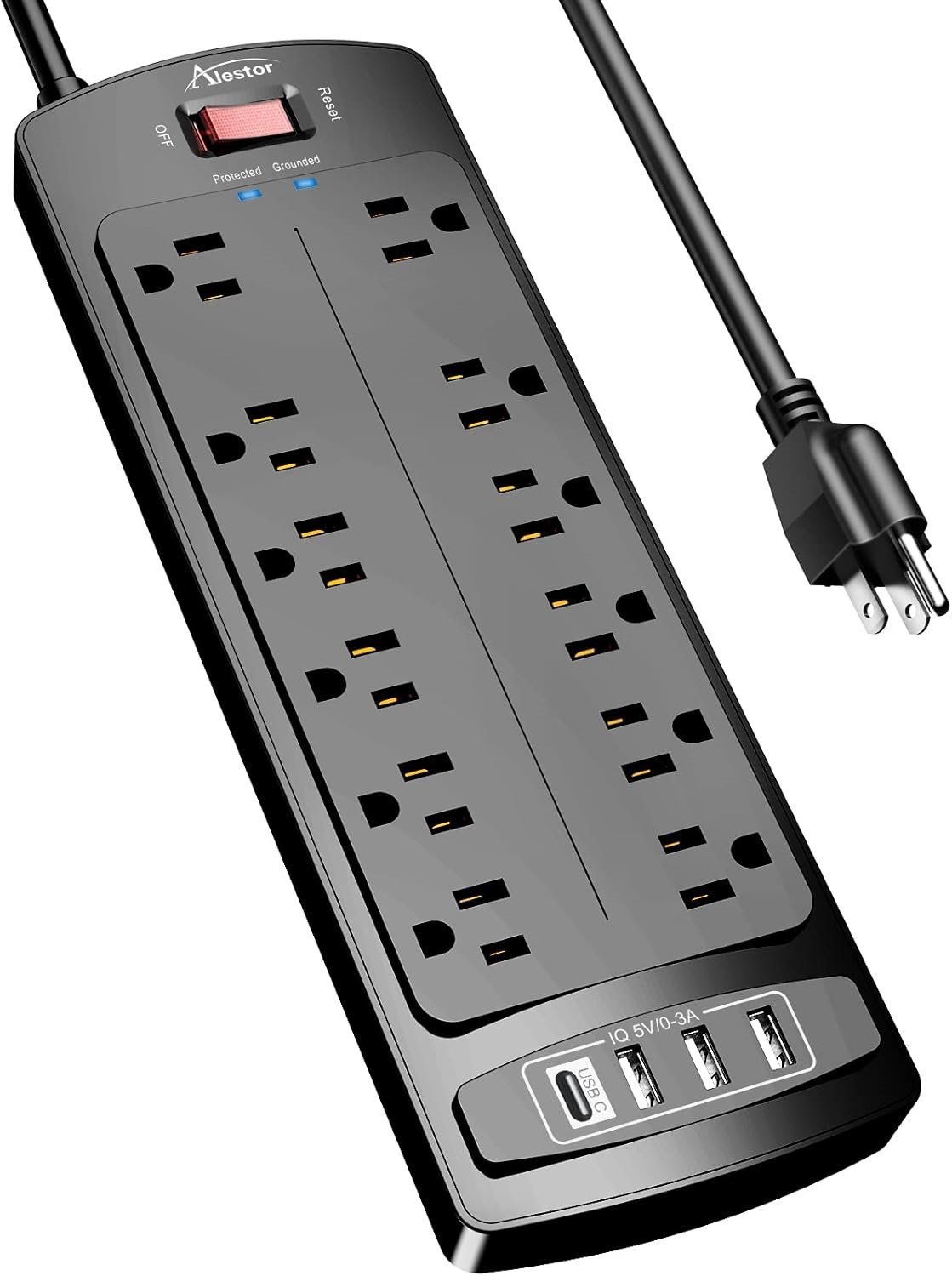 Power Strip, ALESTOR Surge Protector with 12 Outlets and 4 USB Ports, 6 Feet Extension Cord , Black