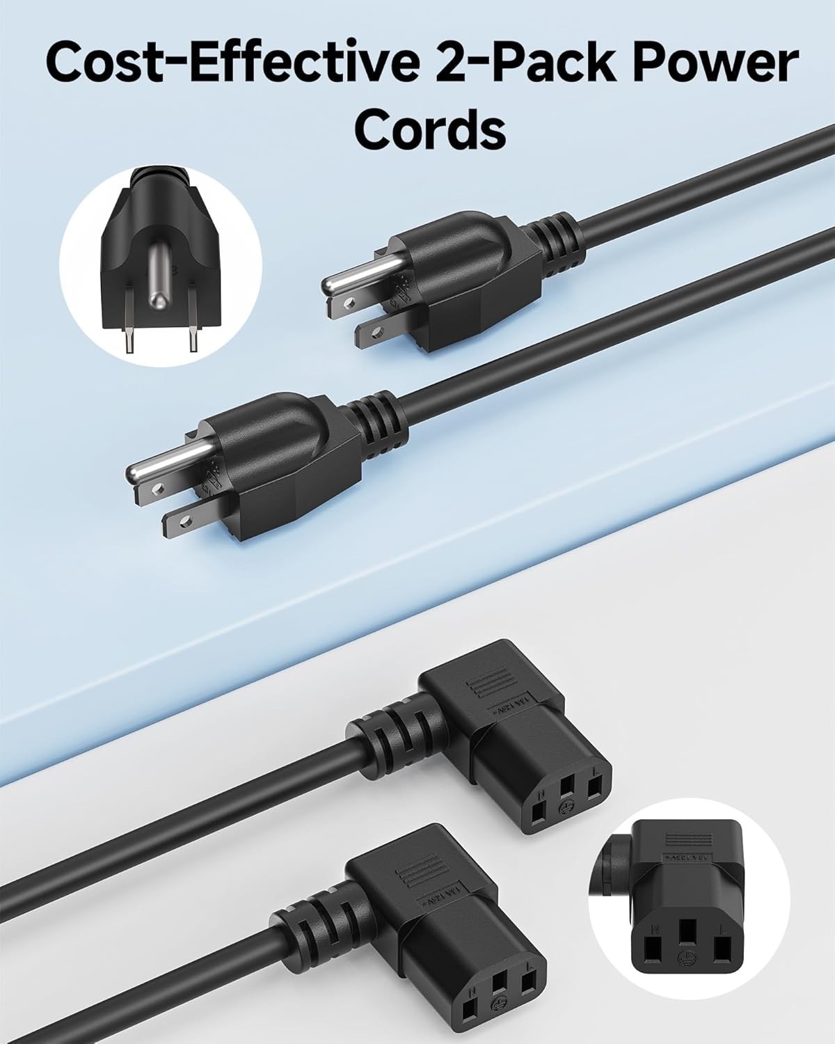 Right Angle Power Cord - 6ft, 90 Degree AC Power Cord Replacement, NEMA 5-15P to Angled IEC C13, Black