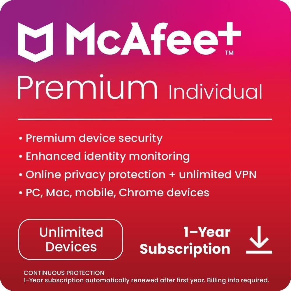 McAfee®+ Premium Individual Antivirus & Internet Security Software for Unlimited Devices (Windows®/Mac®/Android/iOS), 1-Year Subscription Standard - PC/Mac 