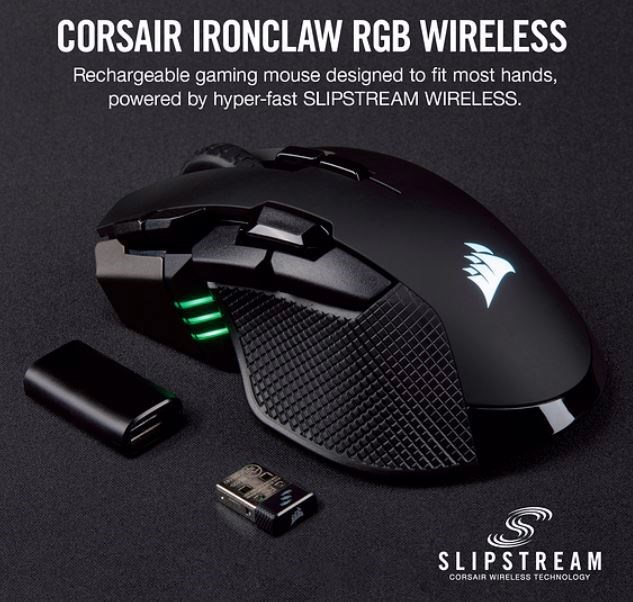 Corsair Ironclaw RGB Wireless, Fps/Moba 18,000 Dpi, Slipstream Corsair Wireless Technology Gaming Mouse