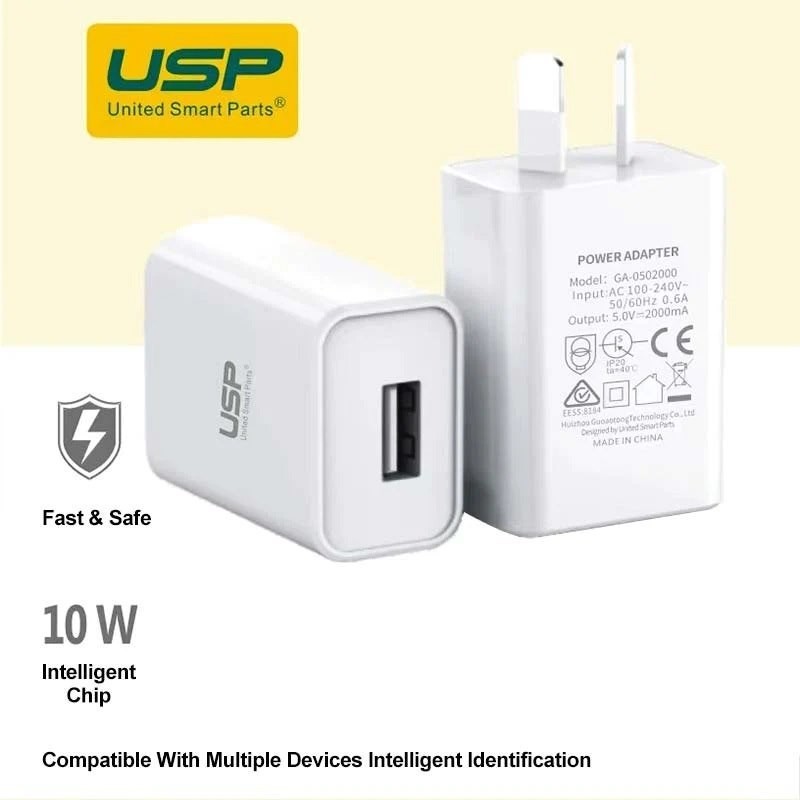 Usp 10W Usb-A Fast Wall Charger - White, Intelligent Chip, Smart Charging, Output Voltage Dc5v/3A, Output Current 2A Max, 2 Years Warranty