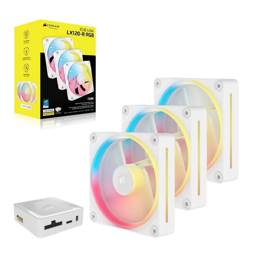 Corsair Icue Link LX120-R RGB 120MM PWM Reverse Fans Starter Kit Triple Pack - White: 66.7CFM, 2400RPM, 37.7dBA, 0.4A, Static Pressure, Magnetic Dome