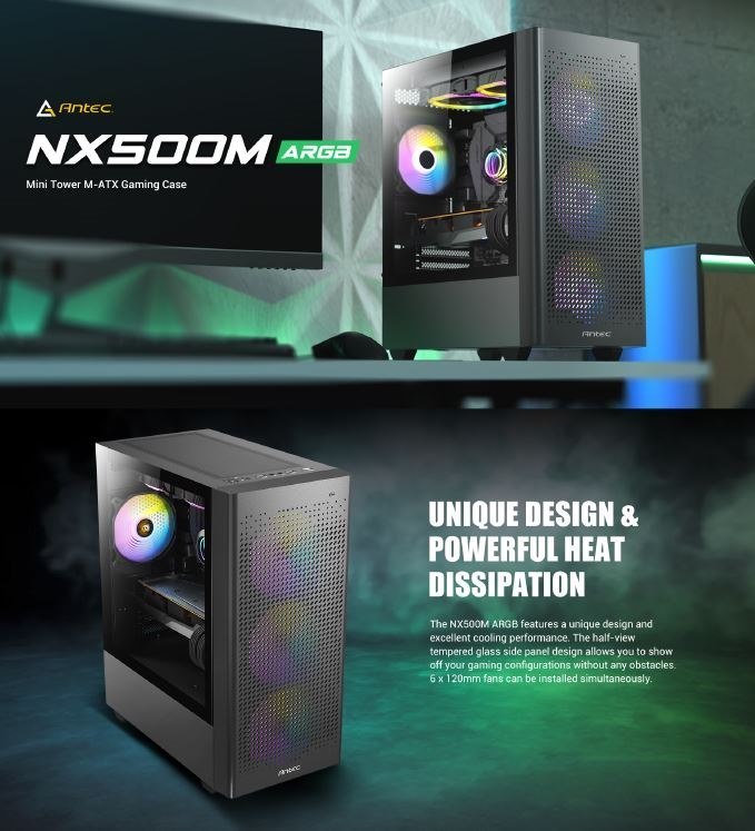 Antec NX500M Matx, Mesh, Usb-C, 3X Argb 120MM, Usb 3.0, HD Audio, 360MM Radiator Front & 240 Top, 2X Argb Front, 1 X Rear, Removable HDD, Case - Si