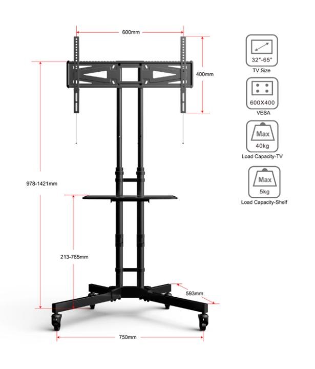 Loctek TV Cart 32"-65" Mobile Trolley - Max Load 40KG - Height Adjustable 963-1424MM - 5 Years Warranty