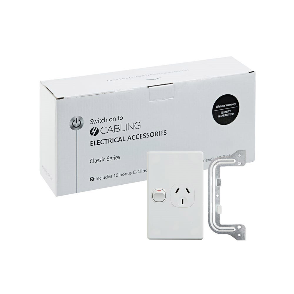 4Cabling 4C | Classic Single Power Point 250V 10A - Vertical - 10 Pack With 10 Free C-Clips