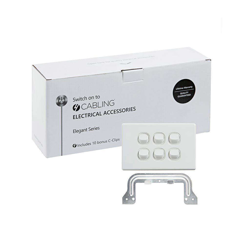 4Cabling 4C | Elegant Wall Switch 6 Gang 250V 16A - Horizontal - 10 Pack With 10 Free C-Clips