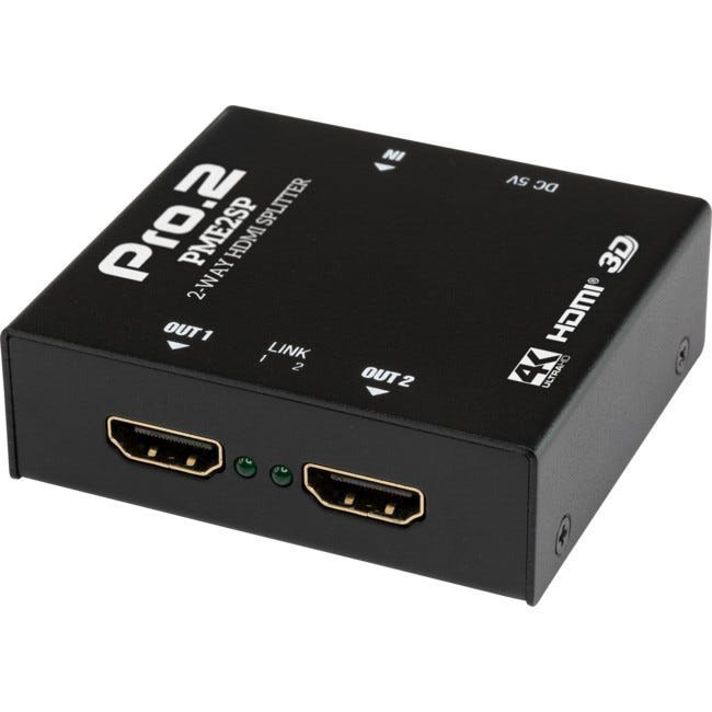 Pro2 2 Way Hdmi Splitter 1 In 2 Out. Displays An UItra HD Source To Two UItra HD Displays