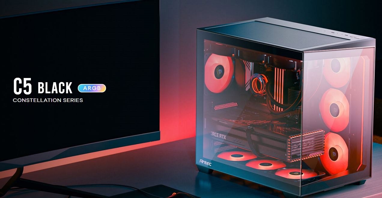 Antec C5 Argb Atx, Matx Seamless Edge To Edge, Black, 270 Degrees, 7X Argb + PWM Controller, 5090 Back Connect, Usb-C, Dual Chamber Gaming Case