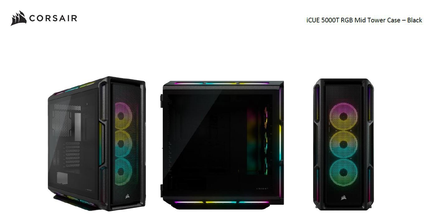 Corsair Icue 5000T RGB Atx Mid-Tower Case, Usb Type-C, 160 RGB Led, Rapid Route, Maximum Cooling, Tool Free Hinged Side Panels, Black