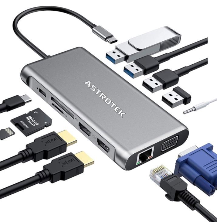 Astrotek Usb C Dock, 12 In 1, With 2X Hdmi, 1X Vga, 1XRJ45, 3Xusb3.0, 1X Usb 2.0, TF/SD Card Reader, 3.5MM Audio, Type C PD Charging, Alumium House