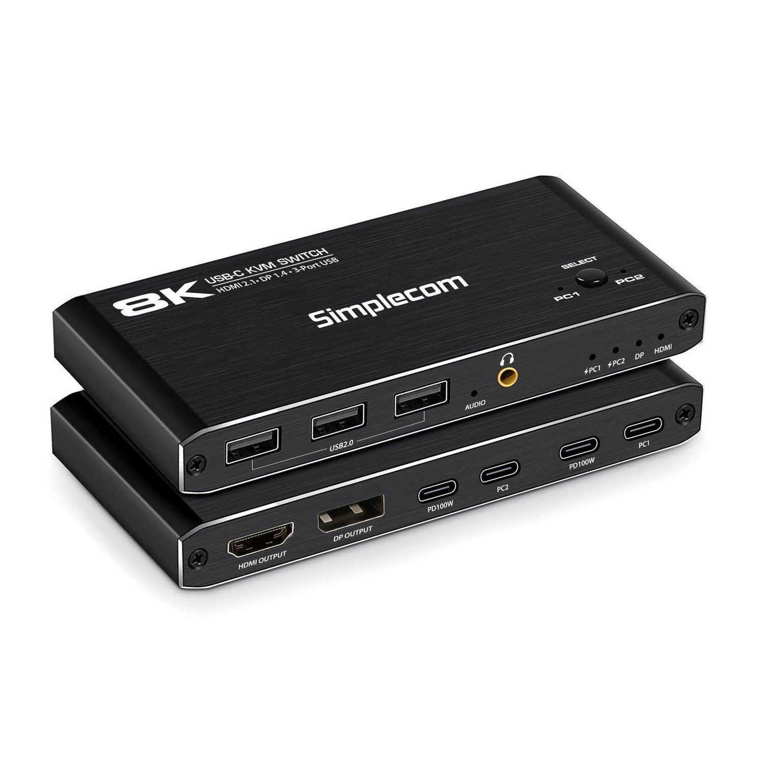 Simplecom KM470 2-Port Usb-C KVM Switch 8K Docking Station Hdmi 2.1 DP For Laptop Tablet