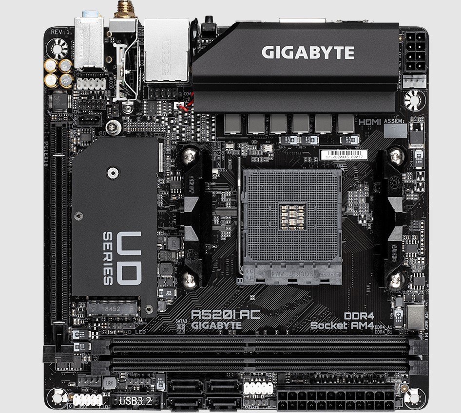 Gigabyte A520i Ac 1.4 Amd Mini-ITX MB 2xDDR4 1xM.2 Pcie3.0 1xDP 2xHDMI 802.11Ac Wifi RGB Fusion