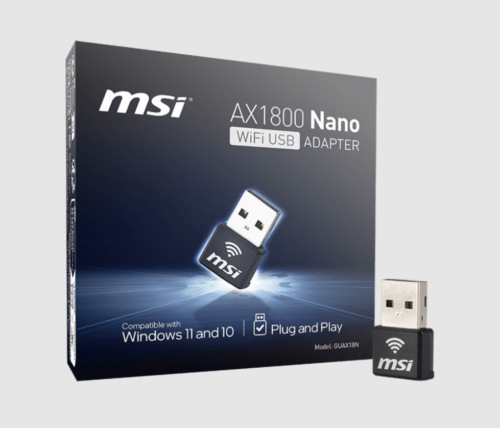 Msi Guax18n Ax1800 WiFi Usb Adapter, 2.4GHz / 5GHz, 2X Dual Antennas, Usb 2.0, Windows 10 / 11