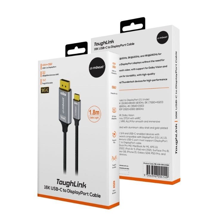 Mbeat Tough Link 1.8M 16K Usb-C To DP Cable - Space Grey 40Gbps Usb-C (Male) To DisplayPort 2.1 (Male)