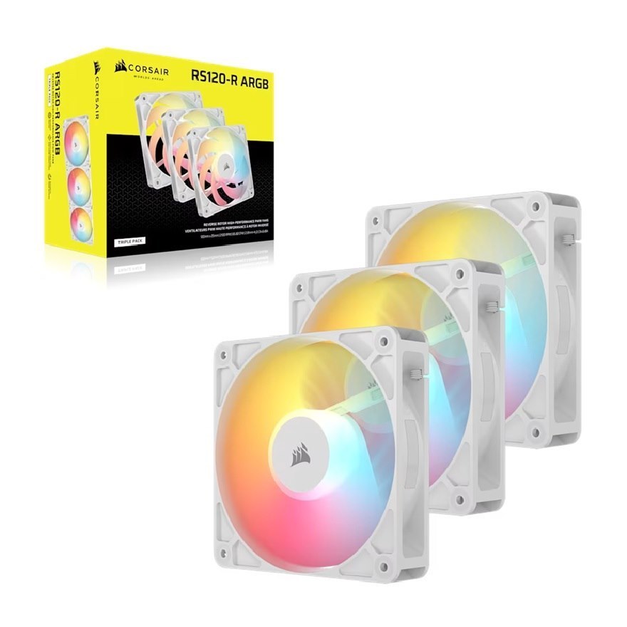 Corsair RS120-R Argb 120MM PWM Reverse Fans Triple Pack - White, 3X RGB Fans, 2100 RPM, 65.82 CFM, Static Pressure, Magnetic Dome Bearing, PWM Control