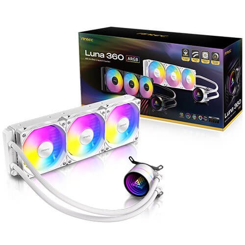 Antec Luna 360 Argb White, 360MM Aio, 3X120MM Argb PWM Fans, 800-1800RPM, 67.62CFM, Intel Lga1700/1851, Amd Am4/Am5, 2Y Warranty