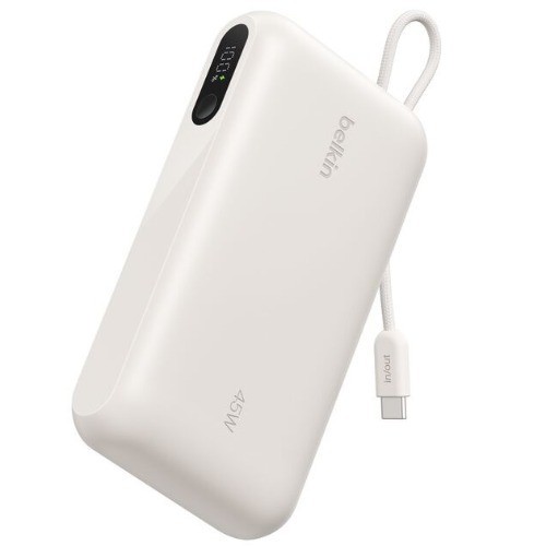Belkin UltraCharge 20K mAh Power Bank & Display W/ Integrated Usb-C Cable(20cm)-Sand(BPB030fqSA),2xUSB-C(45W),1xUSB-A(18W),$2500 Cew,2 Years Warranty