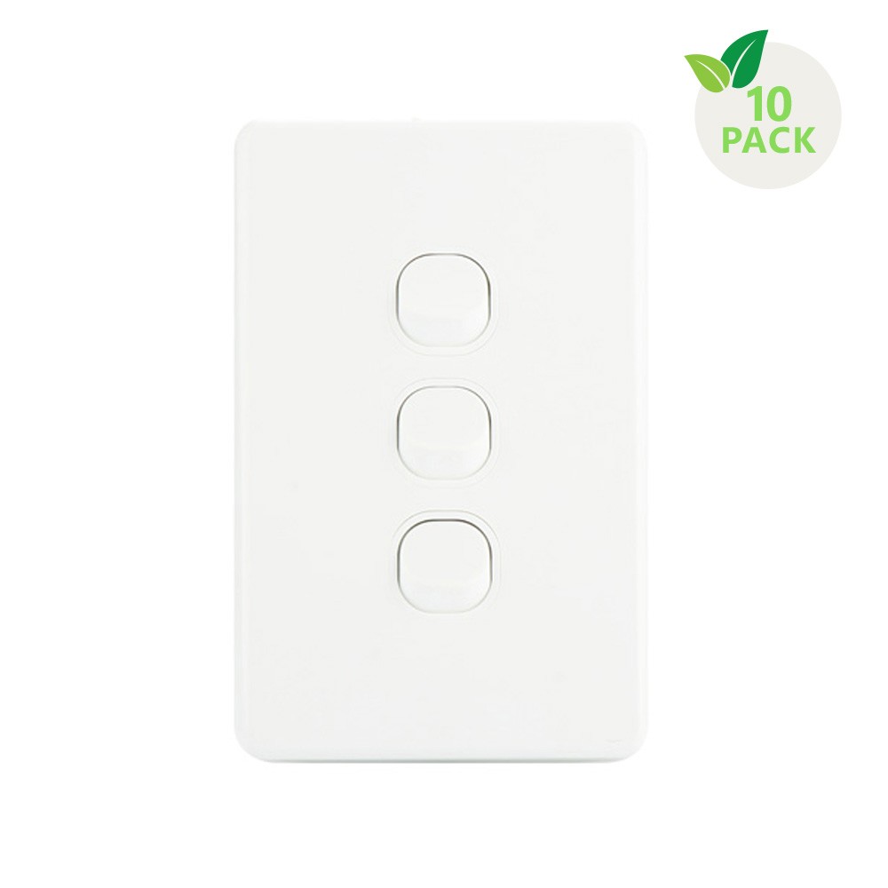 4Cabling 4C | Classic 3 Gang Switch 250V 16Ax - Vertical - 10 Pack With 10 Free C-Clips