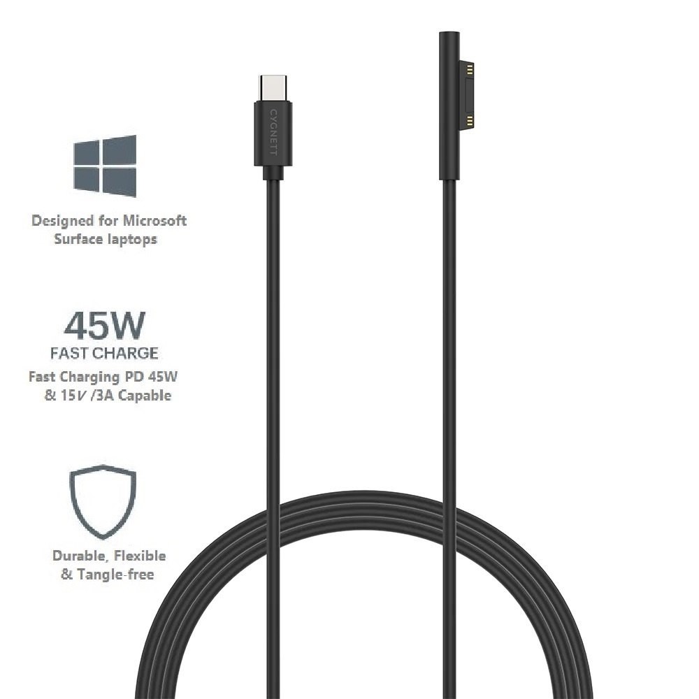 Cygnett Essentials Usb-C To Microsoft Surface Laptop Cable (1M) - Black (Cy3034uscms), 45W Fast Charging, Magnetic Connection,2 Years Warranty