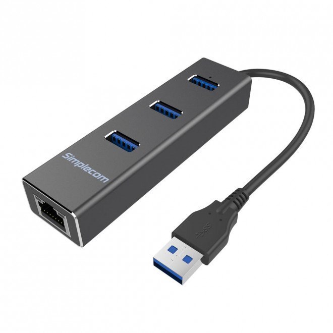 Simplecom CHN410 Black Aluminium 3 Port Usb 3.0 Hub With Gigabit Ethernet Adapter 1000Mbps For PC Mac - Cbat-Usbclan