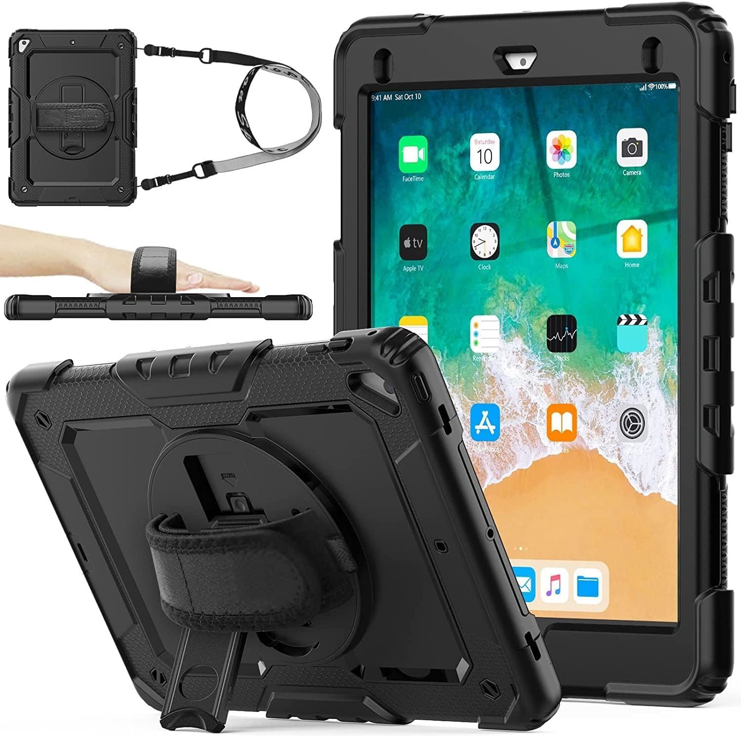 iPad 5th/6th Generation Cases with Pencil Holder, iPad Air 2/ Pro 9.7 Case with Screen Protector,Rugged Protection Shockproof Case for Kids with Stand, Hand & Shoulder Strap,iPad 9.7 2018/2017-Black
