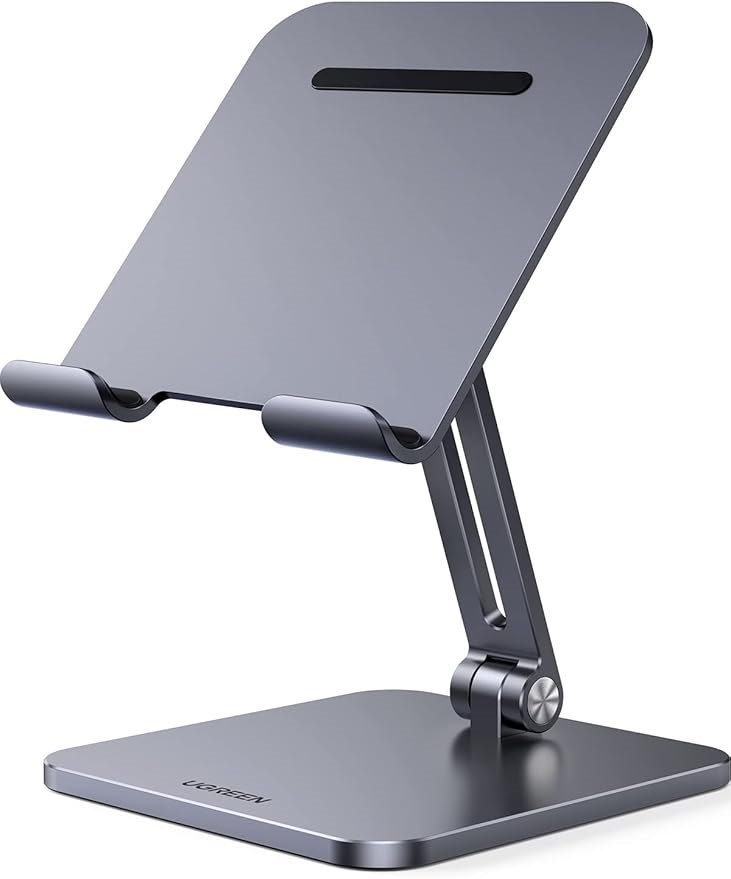 Tablet Stand for Desk, Aluminum Holder with Enhanced Stable Base, Adjustable Portable, Compatible with iPad Pro Air Mini, Switch, iPhone 16 Pro Max, Grey
