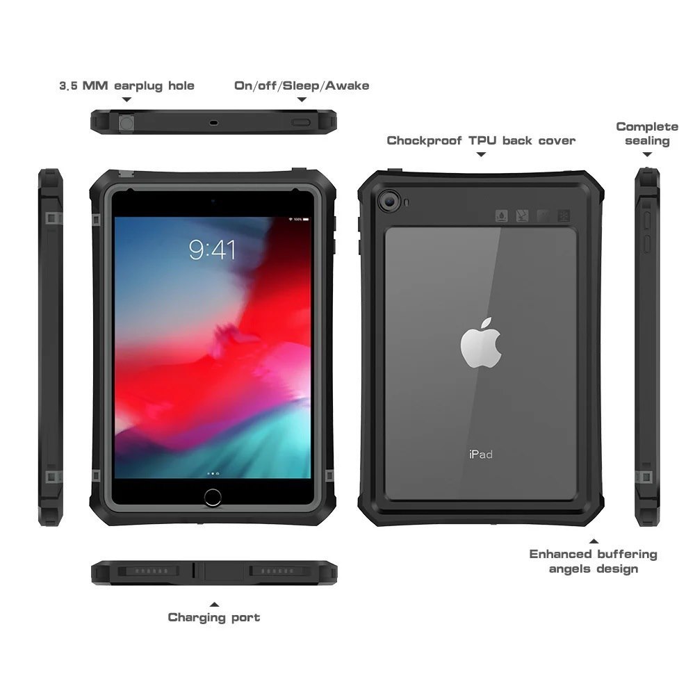 Pisen Generic iPad Mini (7.9') (5TH/4TH Gen) WaterProof Case Black - Support Smart Control Keyboard, 360° Rotation, DustProof, SnowProof, Ip68