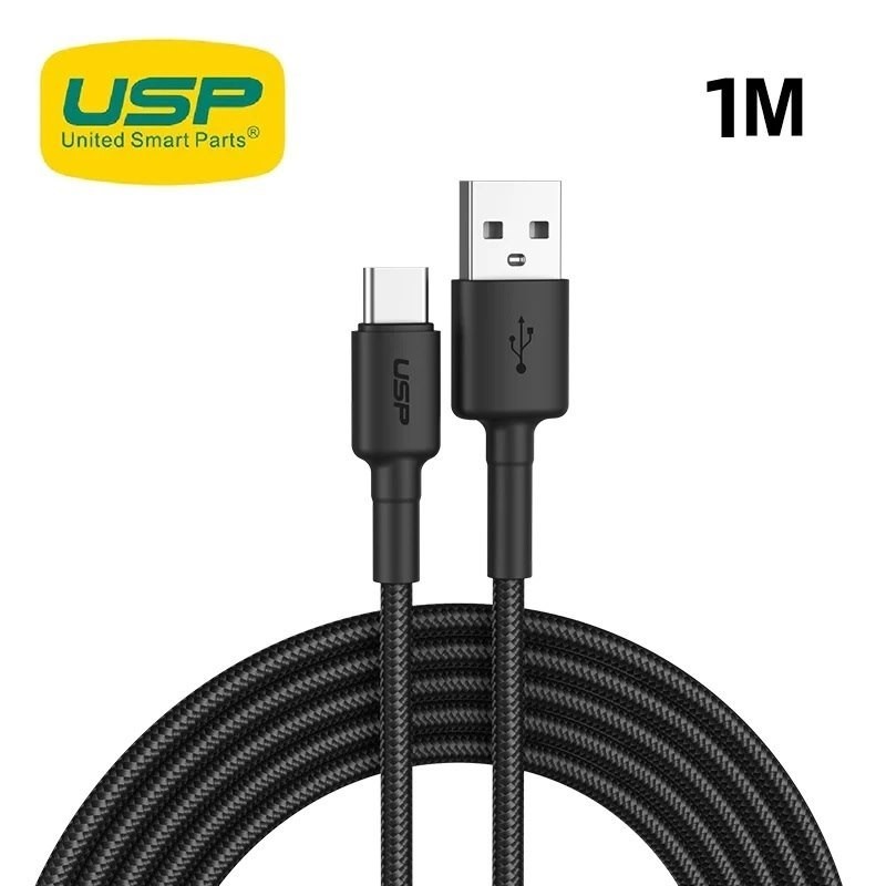 Usp BoostUp Braided Usb-C To Usb-A Cable (1M) Black -3A, Fast Charge, Samsung Galaxy,Apple iPhone,iPad,MacBook,Google,OPPO,Nokia, 2 Years Warranty