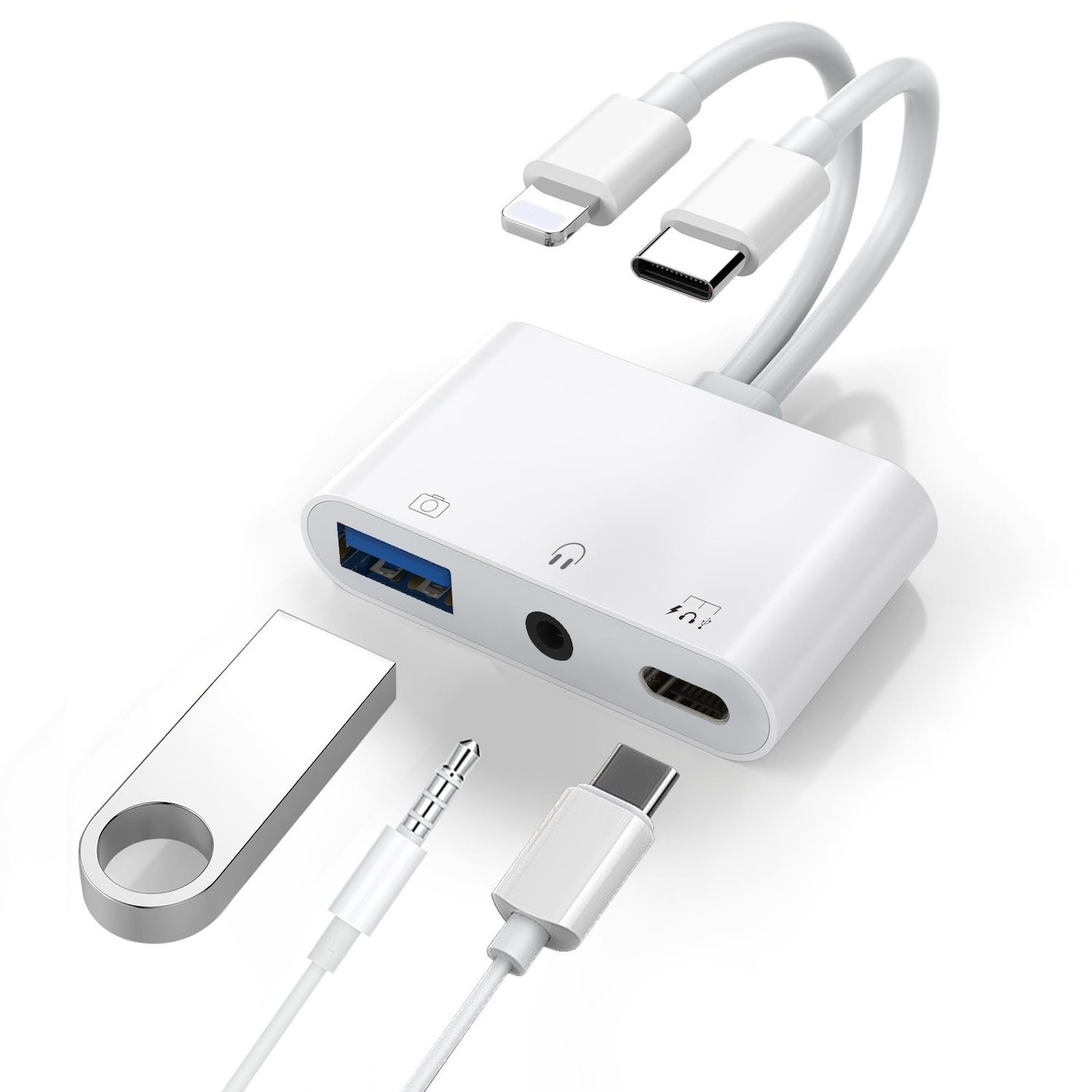 Usp Lightning/USB-C To Usb Adapter Features A Usb Otg Port, 3.5MM Headphone Jack & Fast-Charging Port, 2 Years Warranty