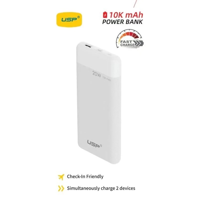 Usp 10K mAh Power Bank White - 20W Fast Charge, 1X Usb-C, 1X Usb-A, Built-In Electricity Indicator Light, Fire-Resistant, 2 Years Warranty