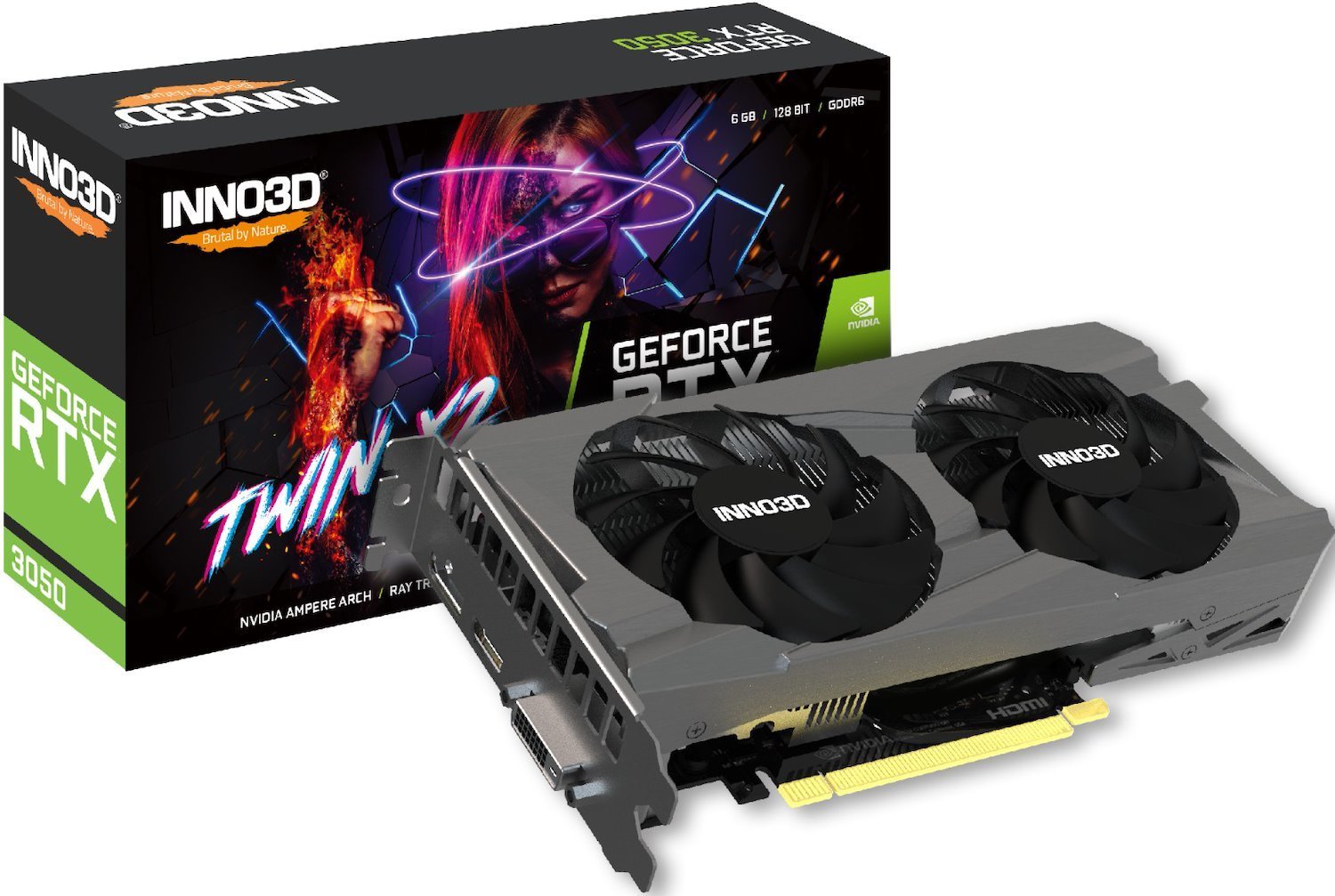 Inno3d nVidia GeForce RTX 3050 6GB Twom X2 V2 GDDR6, 1470MHz Boost Clock, Ram 14Gbps, 1xDP, 1xHDMI, 1X Dvi