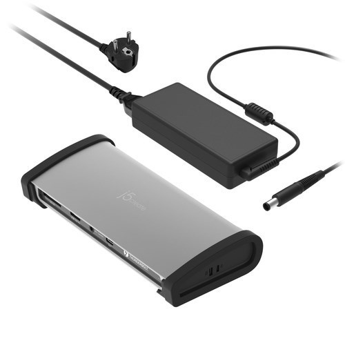 j5create Thunderbolt 4 Docking Station f&uuml;r Desktop-PC, Notebook, Monitor, Maus, Tastatur, Drucker, Headset - Speicherkartenleser - SD - 135 W - Schwarz, Grau