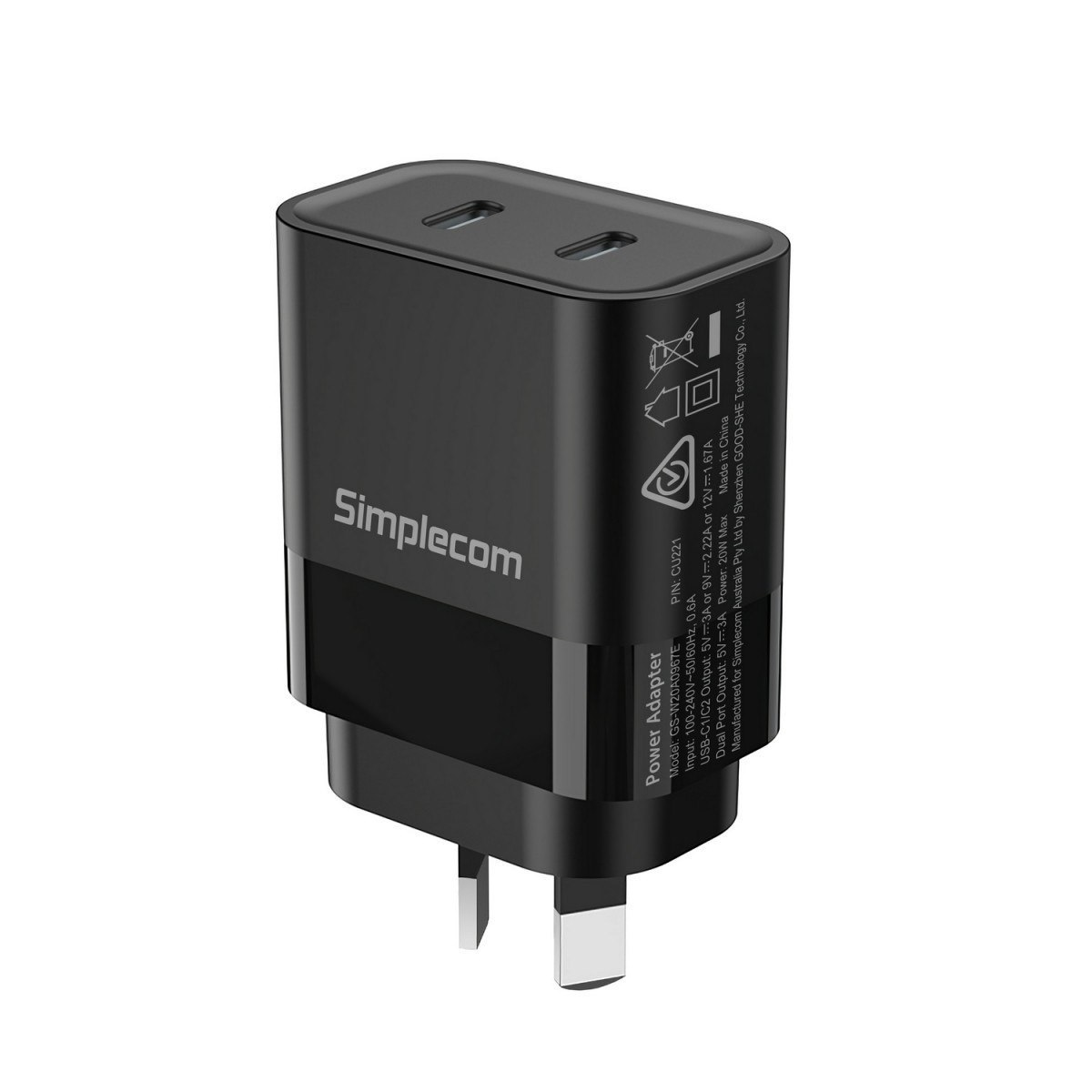 Simplecom Cu221 Dual Usb-C Fast Wall Charger PD 20W For Phone Tablet