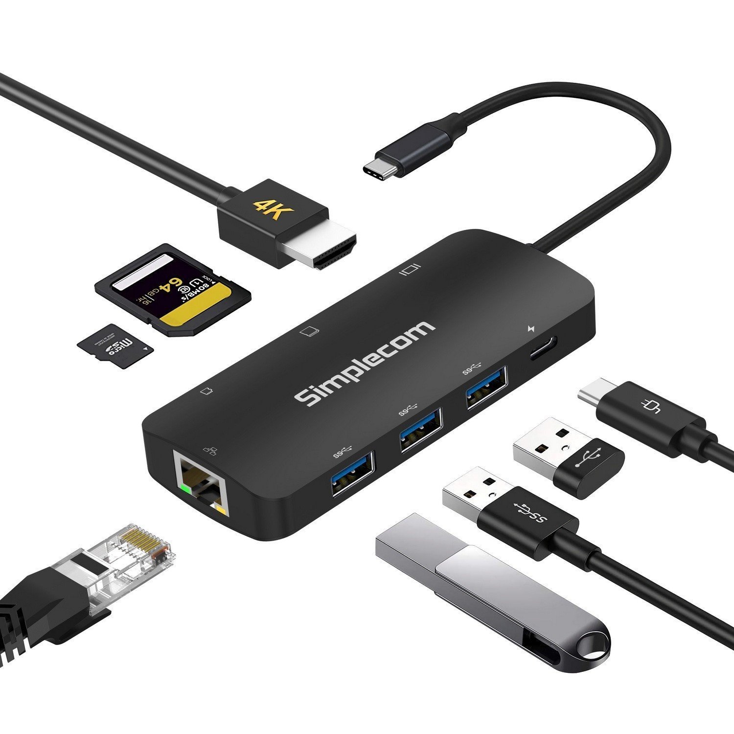 Simplecom CHT580 Usb-C SuperSpeed 8-In-1 Multiport Hub Adapter Hdmi 2.0 Docking Station