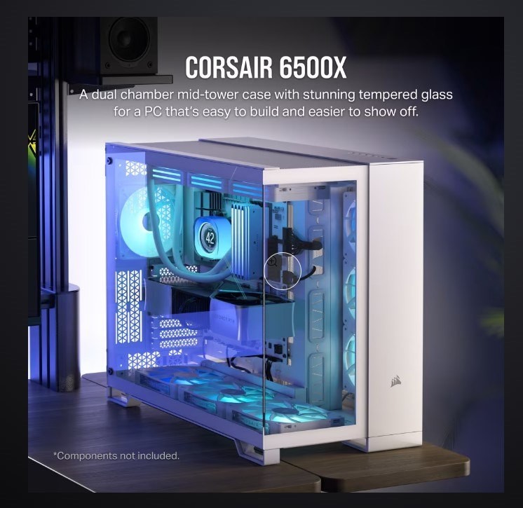 Corsair 6500X Tempered Glass Atx Mid-Tower, Dual Chamber, Cable Management, White Case