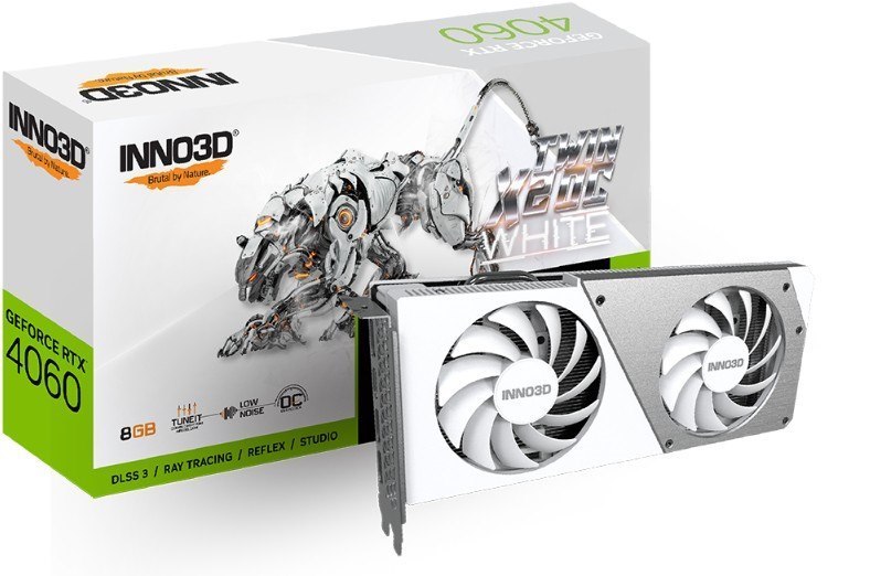 Inno3d nVidia GeForce RTX 4060 Twin Oc X2 White 8G GDDR6, 2490MHz Boost Clock, Ram 17Gbps, 3xDP+HDMI, 250X118X42MM (4060)