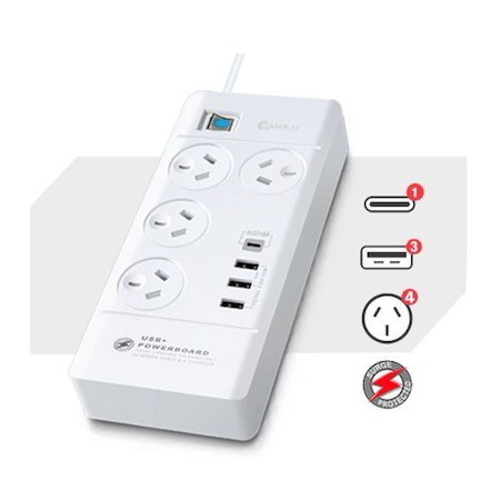 Generic Sansai 4 Outlet 3xUSB-A & 1xUSB-C Powerboard Master On/Off Switch Surge And Overload Protected Fast Charging 1M 20W 220-240V 10A Iv Retail Box