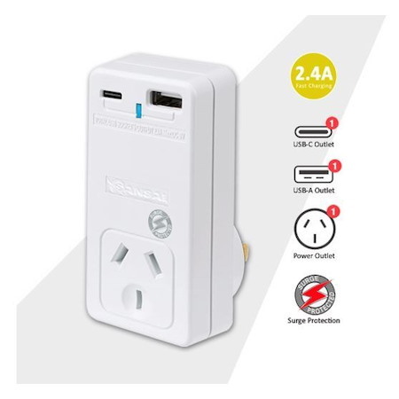 Generic Sansai Usb C + A 2xUSB Charging Outlets Power Adaptor 240V 10A Surge Protection Power Status Indicator Wall Charger