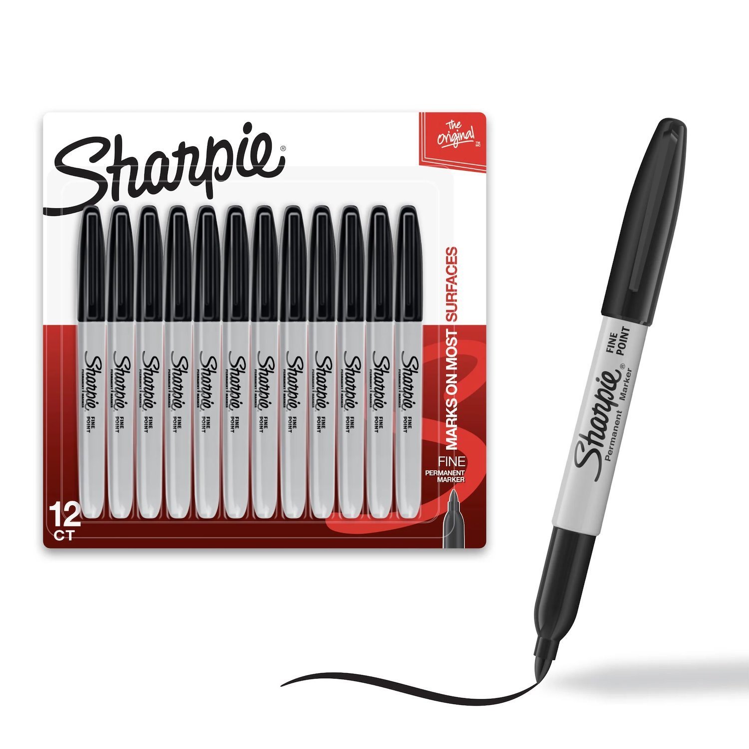 Sharpie Permanent Marker, Fine Tip, Black, 12/Pack