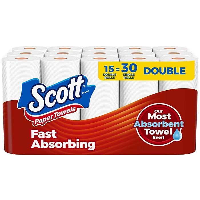 Scott Choose-A-Sheet Kitchen Roll Paper Towels, 1-ply, 102 Sheets/Roll, 15 Rolls/Pack