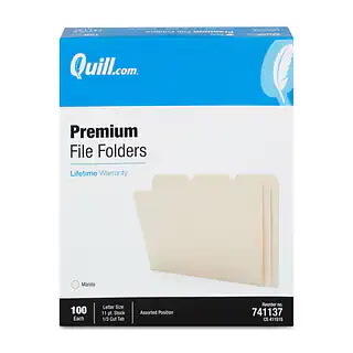Quill Brand® File Folders, 1/3-Cut Assorted, Letter Size, Manila, 100/Box